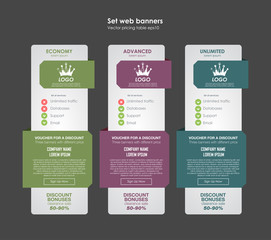 Set tariffs. interface for the site. ui ux vector banner for web app. Pastel pricing table, banner, order, box, button, list and bullet with plan for website in flat design