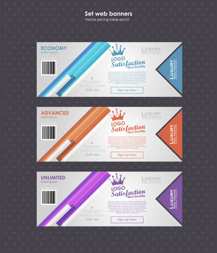 Set horizontal tariffs banners. interface for the site. ui ux vector banner for web app. Voucher pricing table, banner, order, box, button, list and bullet with plan for website in flat design