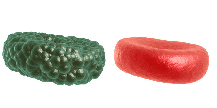 Green illness and red blood cell. 3d render on white. Healthcare and medical concept.
