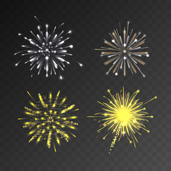 Festive patterned firework bursting in various shapes sparkling pictograms set against black background abstract vector isolated illustration