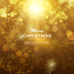 Christmas background with gold magic star. Vector illustration. Golden background christmas. Abstract Christmas background with snowflakes and place for text. Vector Illustration.