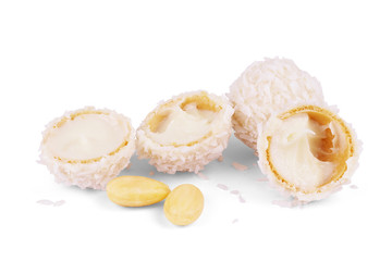 White Chocolate Candy With Coconut Topping On White Background