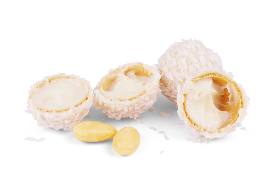 White Chocolate Candy With Coconut Topping On White Background