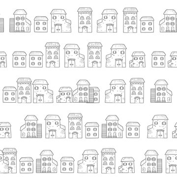 Vector seamless cartoon pattern, made of houses in European style.
