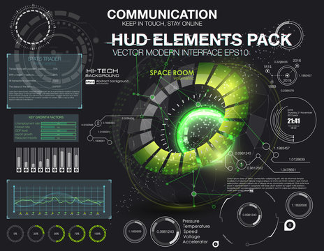 Fantastic abstract background with different elements of the HUD. Big set of various HUD elements. Charts, ratings style HUD switches and various geometrical objects