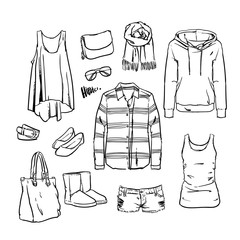Hand drawn vector clothing and accessories, clip art