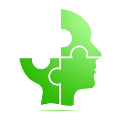 The color green human head composed of red puzzle pieces with gray shadow below the head on a white background.Incomplete human head composed of geometric elements 