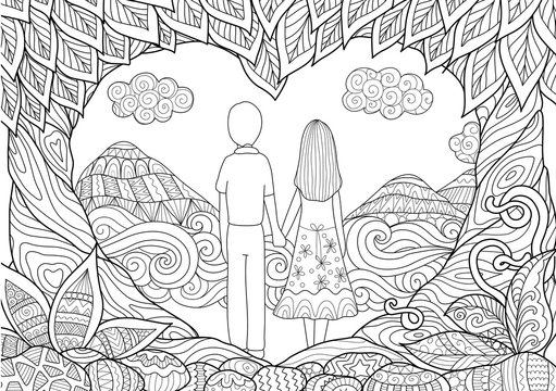 A couple holding hand spending good time together on the beach with two trees bending into hearted shape for card design and adult coloring book pages. Happy Valentine's day