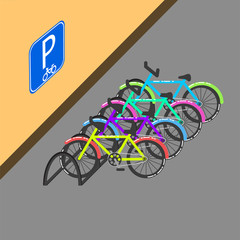 Cycle parking with sign on the wall vector illustration.