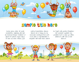 Playground. Happy children holding blank poster