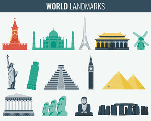 Fototapeta premium World landmarks flat icon set. Travel and Tourism. Vector