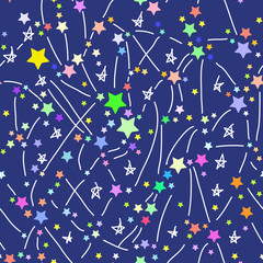 Abstract seamless pattern with colored bright stars on blue background. Vector