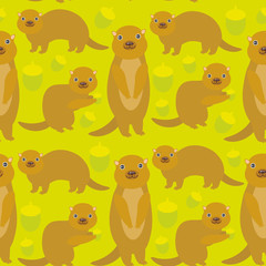 Seamless pattern Set of funny Gopher ground squirrel with acorn on green background. Vector