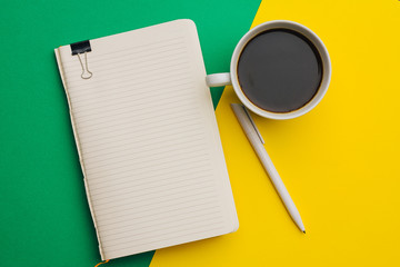 colorful background, pen, notebook, paper, cup