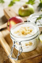 Homemade dessert with apple, caramel and yogurt