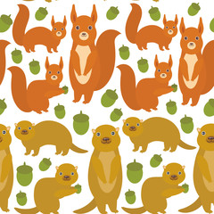 Seamless pattern Set of funny red squirrels with Gopher ground squirrel fluffy tail with acorn isolated on white background. Vector