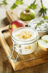 Homemade dessert with apple, caramel and yogurt