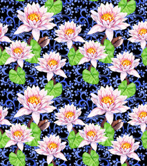 Lily flowers - waterlily, decorative ethnic design. Seamless floral pattern. Watercolor