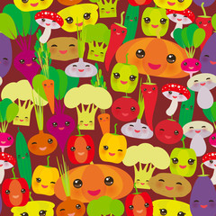 Seamless pattern Kawaii bell peppers, pumpkin beets carrots, eggplant, red hot peppers, cauliflower, broccoli, potatoes, mushrooms, cucumber, onion, garlic, tomato, radish brown background. Vector