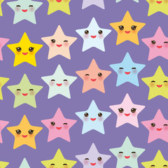 Seamless pattern Kawaii stars set, face with eyes, boys and girls pink green blue purple yellow pastel colors on purple background. Vector