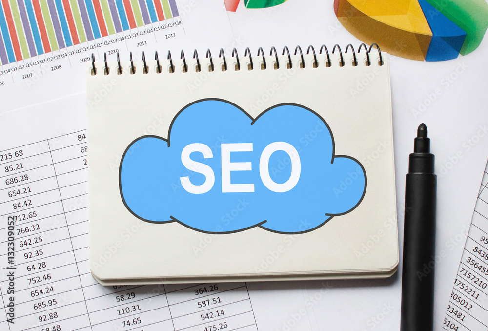 Poster notebook with toolls and notes about seo