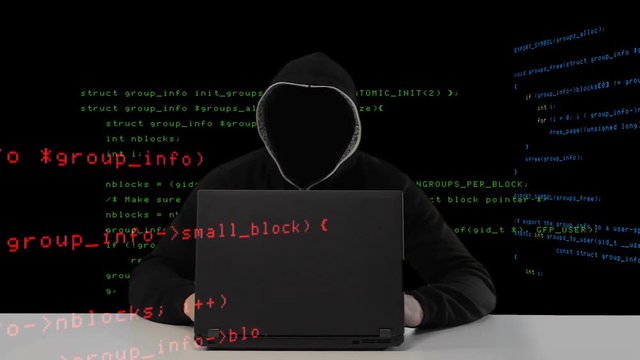 Hacker in black hood with a laptop