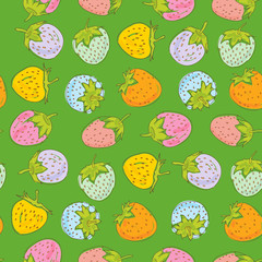Seamless pattern Set pink blue green orange lilac pastel color strawberries on light green background. Hand drawn sketch. Vector
