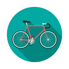 Bicycle icon with long shadow. Flat design style. Round icon. Fixed-gear bicycle silhouette. Simple circle icon. Modern flat icon in stylish colors. Web site page and mobile app design vector element.