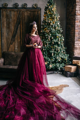 Fototapeta premium beautiful woman in the image of the Queen in the Marsala-colored