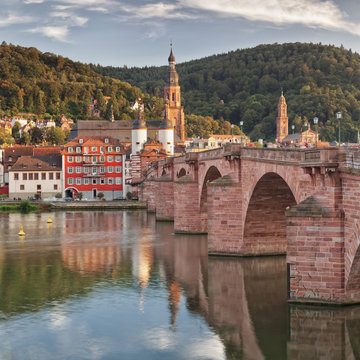 Old town with Karl-Theodor-Bridge (Old Bridge), Gate and Heilig Geist Church, Neckar River, Heidelberg, Baden-Wurttemberg, Germany