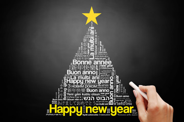 Happy New Year in different languages, celebration word cloud greeting card in the shape of a...