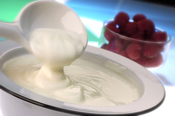    Joghurt fließt aus einer Kelle leicht in eine Schale.