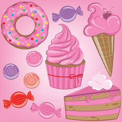 Set of sweets in pink color.