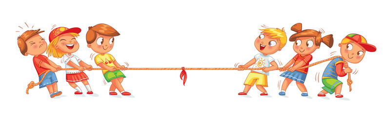 Children pull the rope. Kids playing tug of war