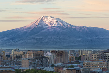 Mount Ararat and Yerevan viewed from Cascade at sunrise, Yerevan, Armenia, Cemtral Asia