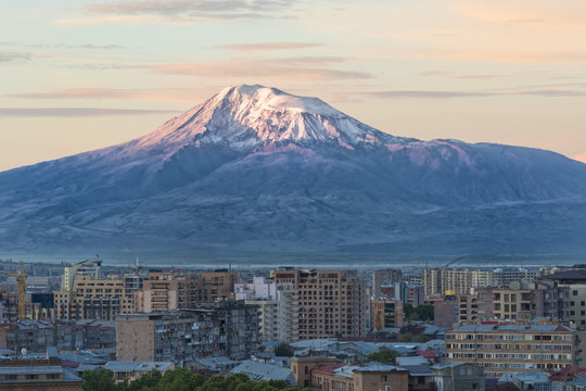 Mount Ararat and Yerevan viewed from Cascade at sunrise, Yerevan, Armenia, Cemtral Asia