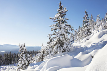 Mountain range Zyuratkul. Forest and snowdrifts, winter landscap