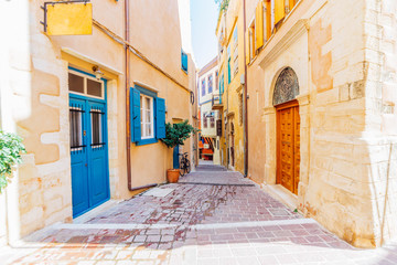 Romantic old stone and cobblestone streets of Chaina, Crete island, Greece
