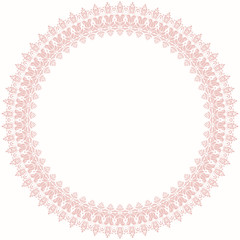 Oriental round frame with arabesques and floral elements. Floral fine border. Greeting card with place for text. Light pink pattern