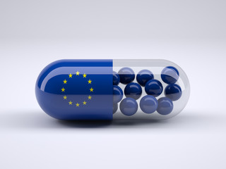 Pill with European flag wrapped around it and blue balls inside - obrazy, fototapety, plakaty