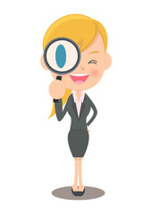 虫眼鏡を持つ女性会社員