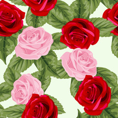 Seamless floral pattern with pink roses on light background. Vector illustration.