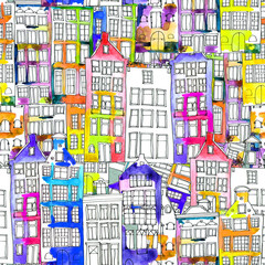 Seamless pattern eith watercolor Amsterdam houses
