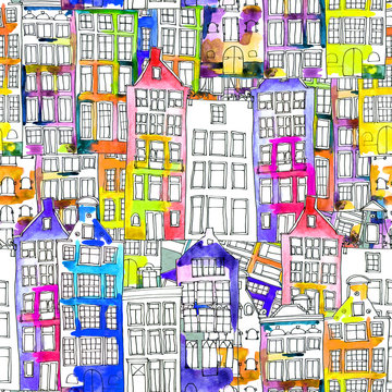 Seamless pattern eith watercolor Amsterdam houses © lolya1988
