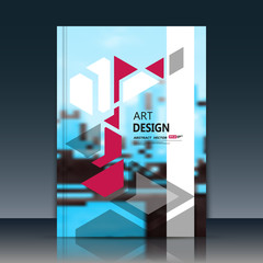 Abstract a4 brochure cover design. Art text frame surface. Patch title sheet model. Creative vector front page. Ad form texture. Red triangle figure icon. White vertical stripe. Blue flyer fiber font