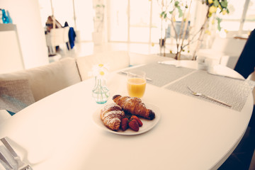 Setting of objects in the cafe, details, breakfast, juice, vintage