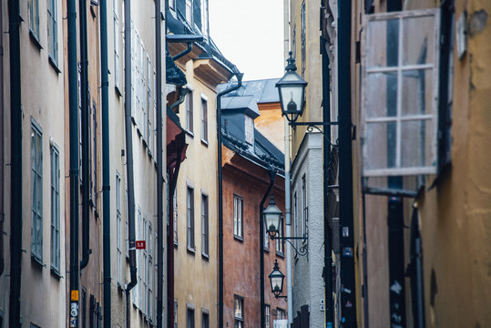 Historic and colorful buildings in Hell's Alley, Gamla Stan, Stockholm, Sweden