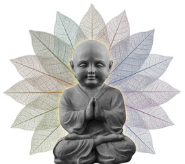 petit Bouddha avec aura de feuilles nervurées, fond blanc