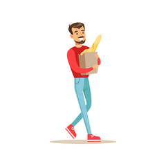 Fototapeta premium Smiling Man With A Beard Carrying Paper Bag With Fresh Bread Bought In a Bakery Shop Vector Illustration