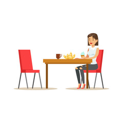 Woman Having Sweet Lunch, Drinking Coffee and Eating Pastry At Bakery Shop Table Vector Illustration